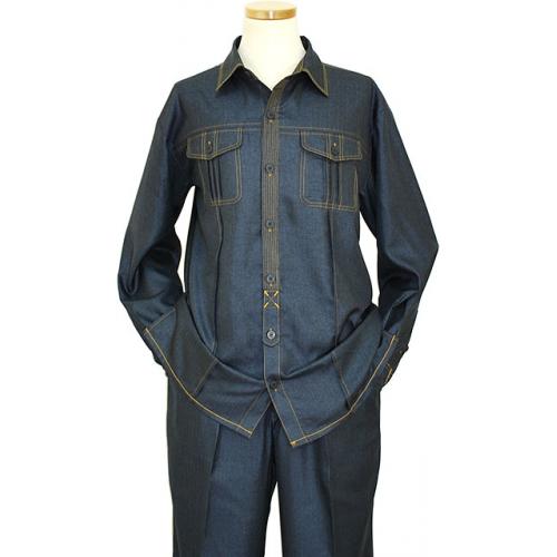 Steve Harvey Navy Blue With Gold Stitch Denim Look 2 Pc Outfit # 1331